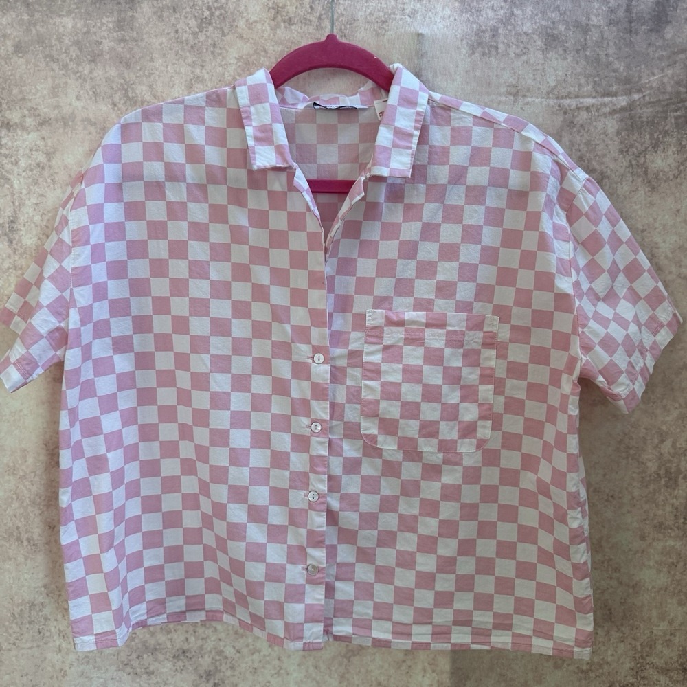 Stradivarius Womens Top Size L Pink Checkered Collar Button Cropped Blouse